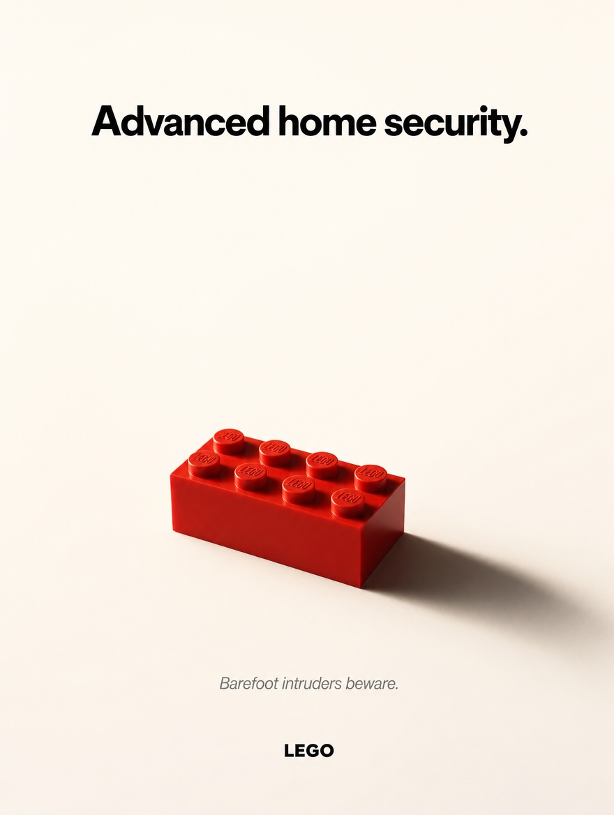 Speculative ad concept study: a single red toy brick on a cream field under the headline “Advanced home security.” Independent exploration; no brand affiliation.